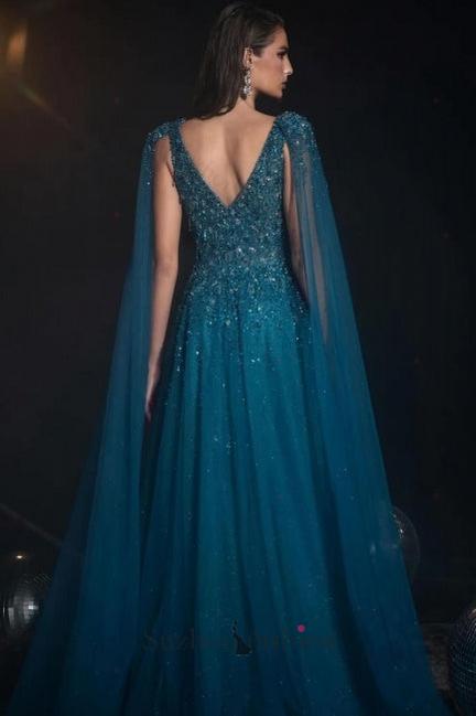 A Line V Neck Prom Dress Beaded Sequined Cap Sleeves Floor Length Tulle Formal Dress