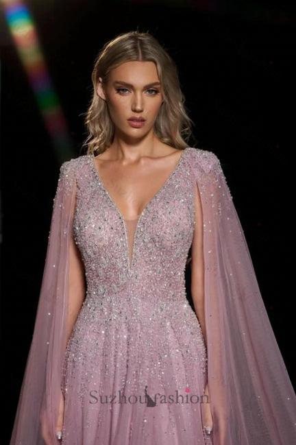 A Line V Neck Prom Dress Beaded Sequined Cap Sleeves Floor Length Tulle Formal Dress