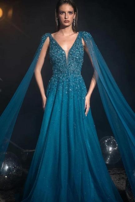 A Line V Neck Prom Dress Beaded Sequined Cap Sleeves Floor Length Tulle Formal Dress