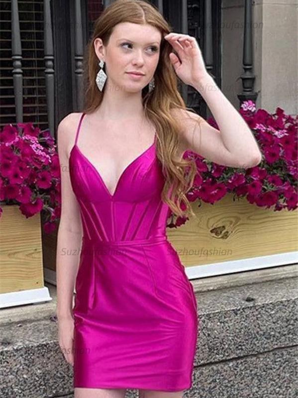 Suzhoufashion A Line V Neck Satin Short Homecoming Dress