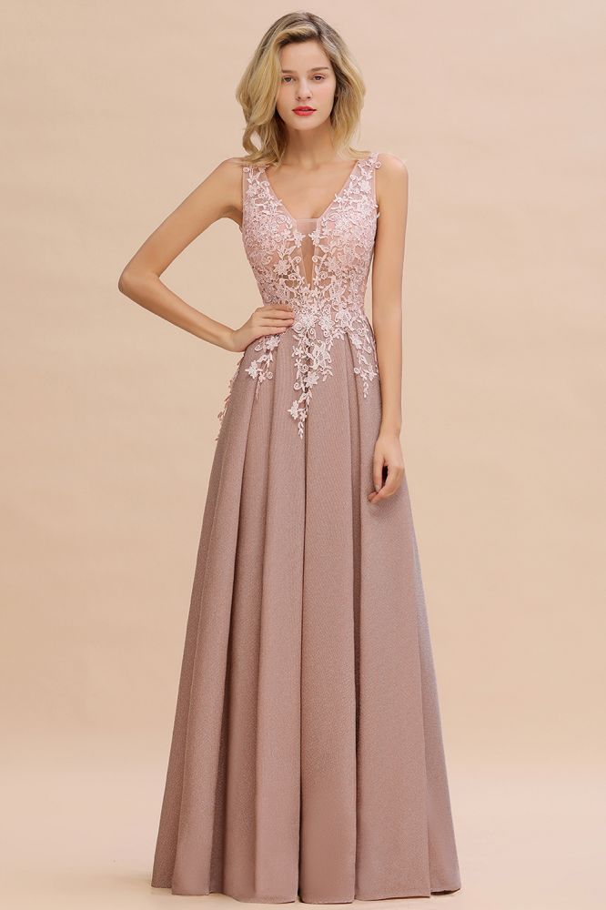 A-Line V-neck Floor-Length Tulle Sequined Formal Dress