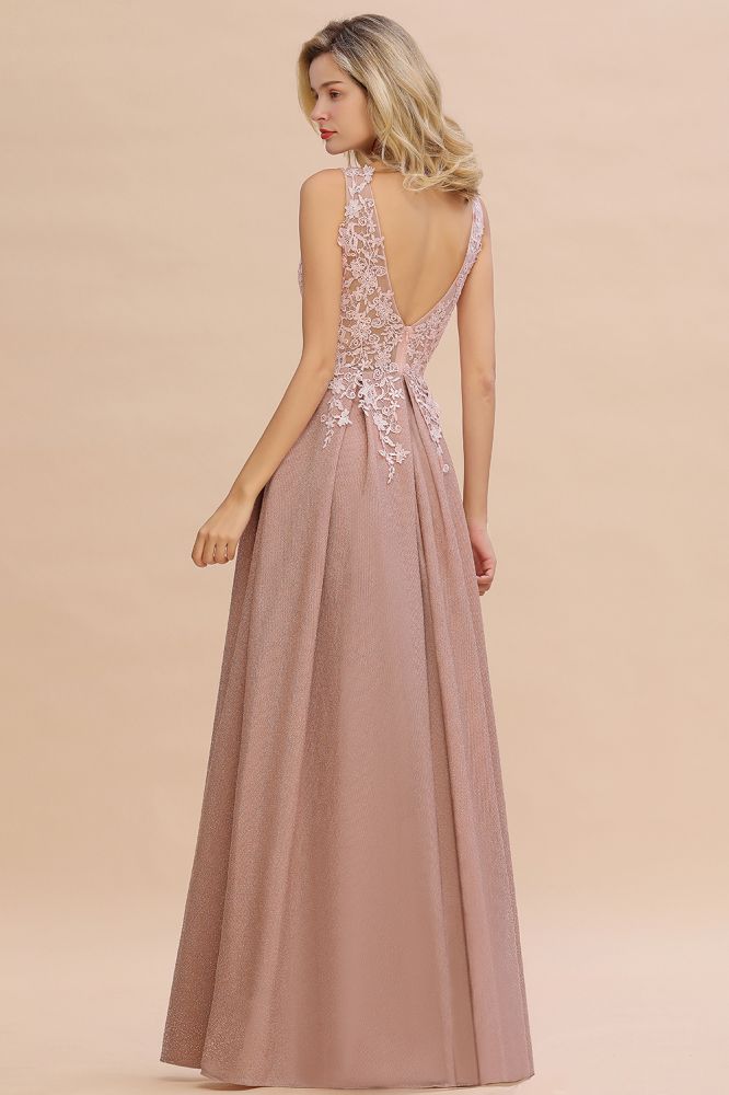 A-Line V-neck Floor-Length Tulle Sequined Formal Dress