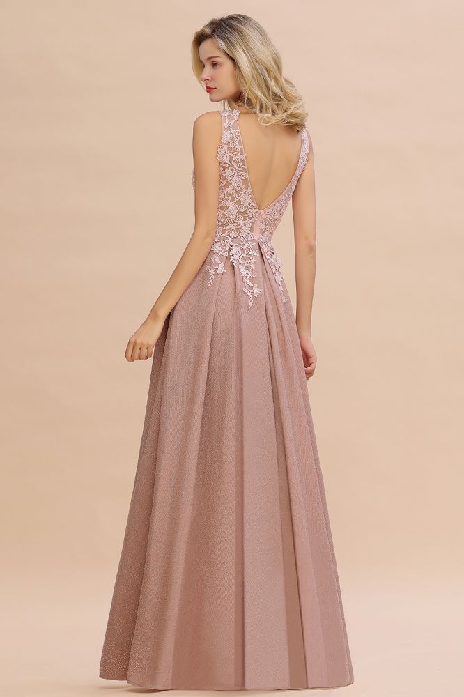 A-Line V-neck Floor-Length Tulle Sequined Formal Dress