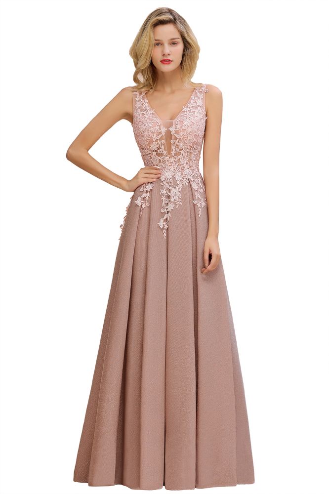 A-Line V-neck Floor-Length Tulle Sequined Formal Dress