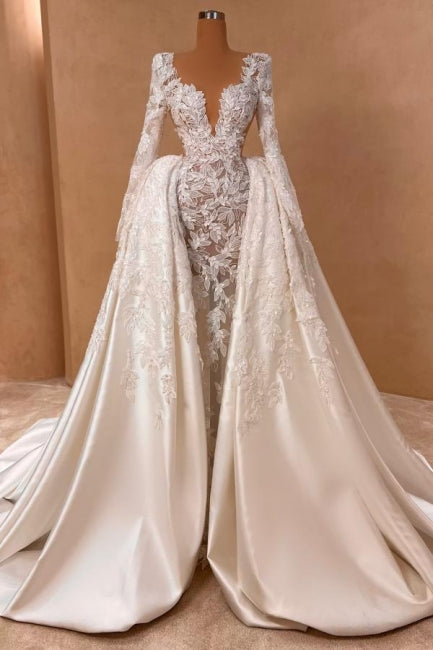 A Line Wedding Dress Lace Satin Long Sleeves Bridal Gown With Detachable Panel Train