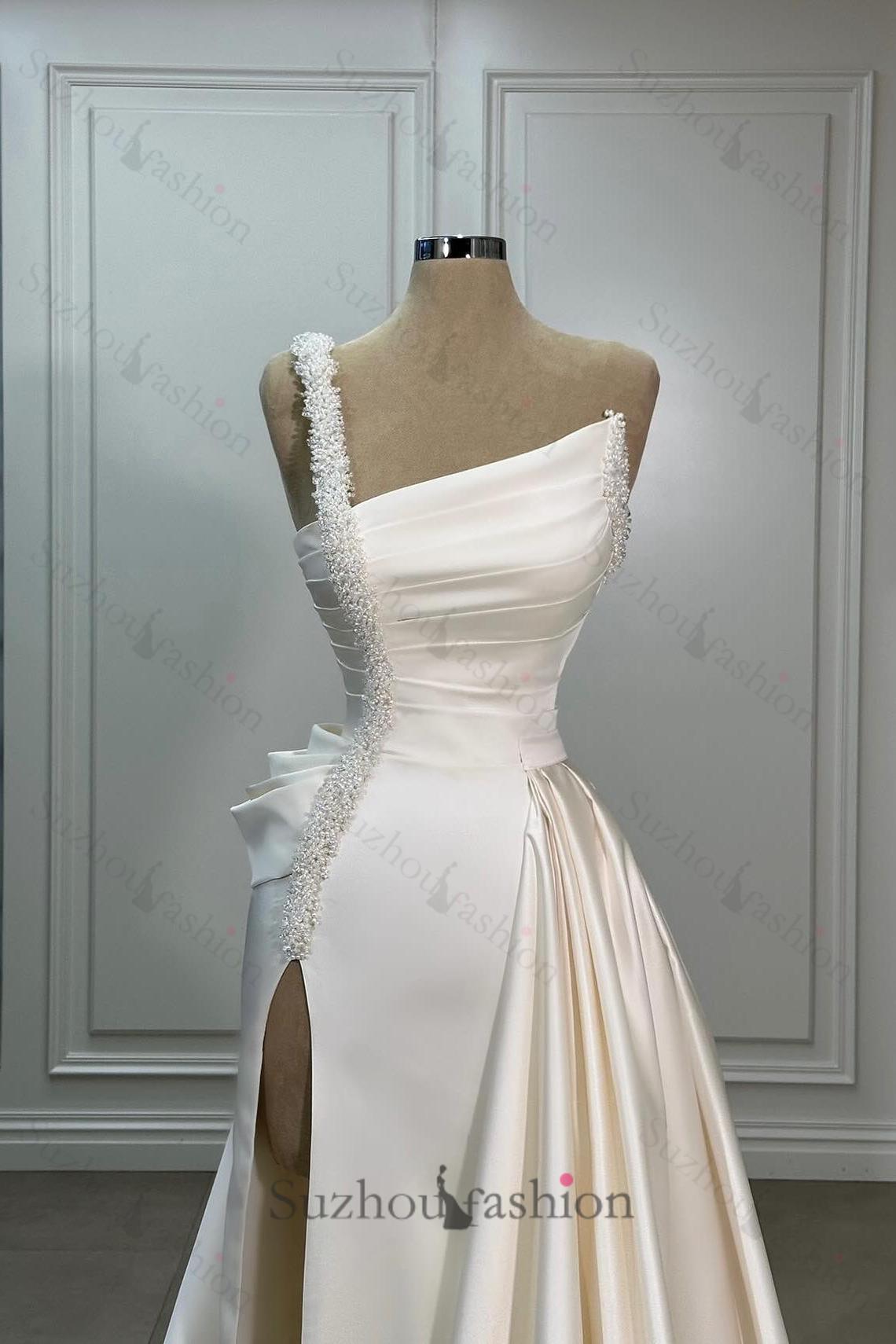 A Line Wedding Dress Satin One Shoulder Sleeveless Bridal Gown With Panel Train