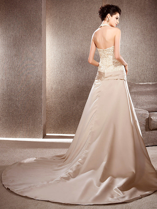 A Line Wedding Dress V Neck Lace Satin Sleeveless Bridal Gowns with Chapel Train