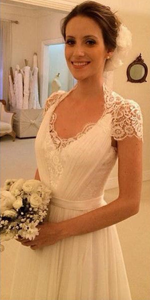 A-Line White Short Sleeve Long Beach Wedding Dress Latest Chiffon Long Plus Size Bridal Gown