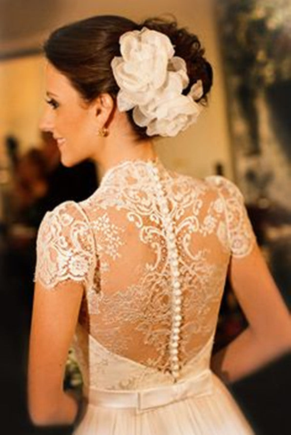 A-Line White Short Sleeve Long Beach Wedding Dress Latest Chiffon Long Plus Size Bridal Gown