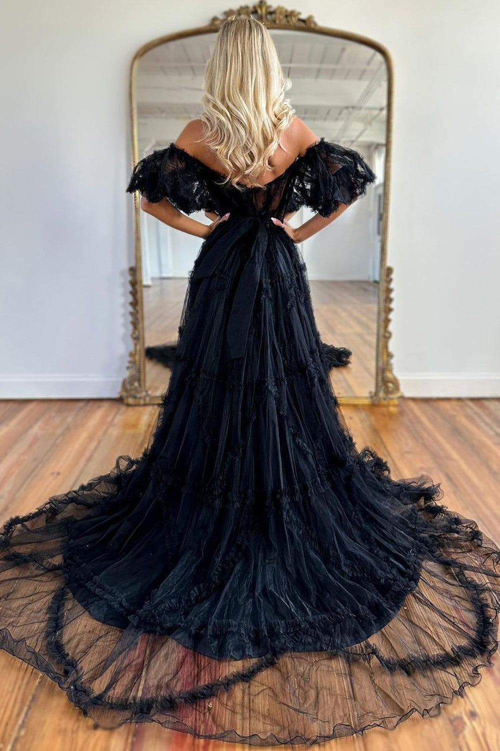A-Line Off The Shoulder Long Tulle Prom Party Dress With Belt - View 12 | VelvetHem