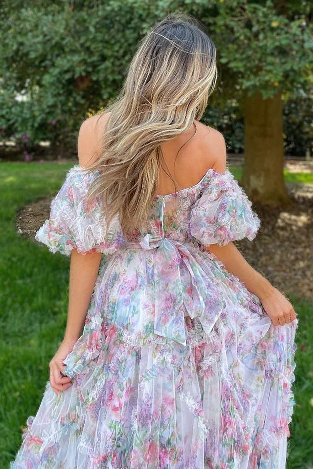 A-Line Off The Shoulder Long Tulle Prom Party Dress With Belt - View 8 | VelvetHem