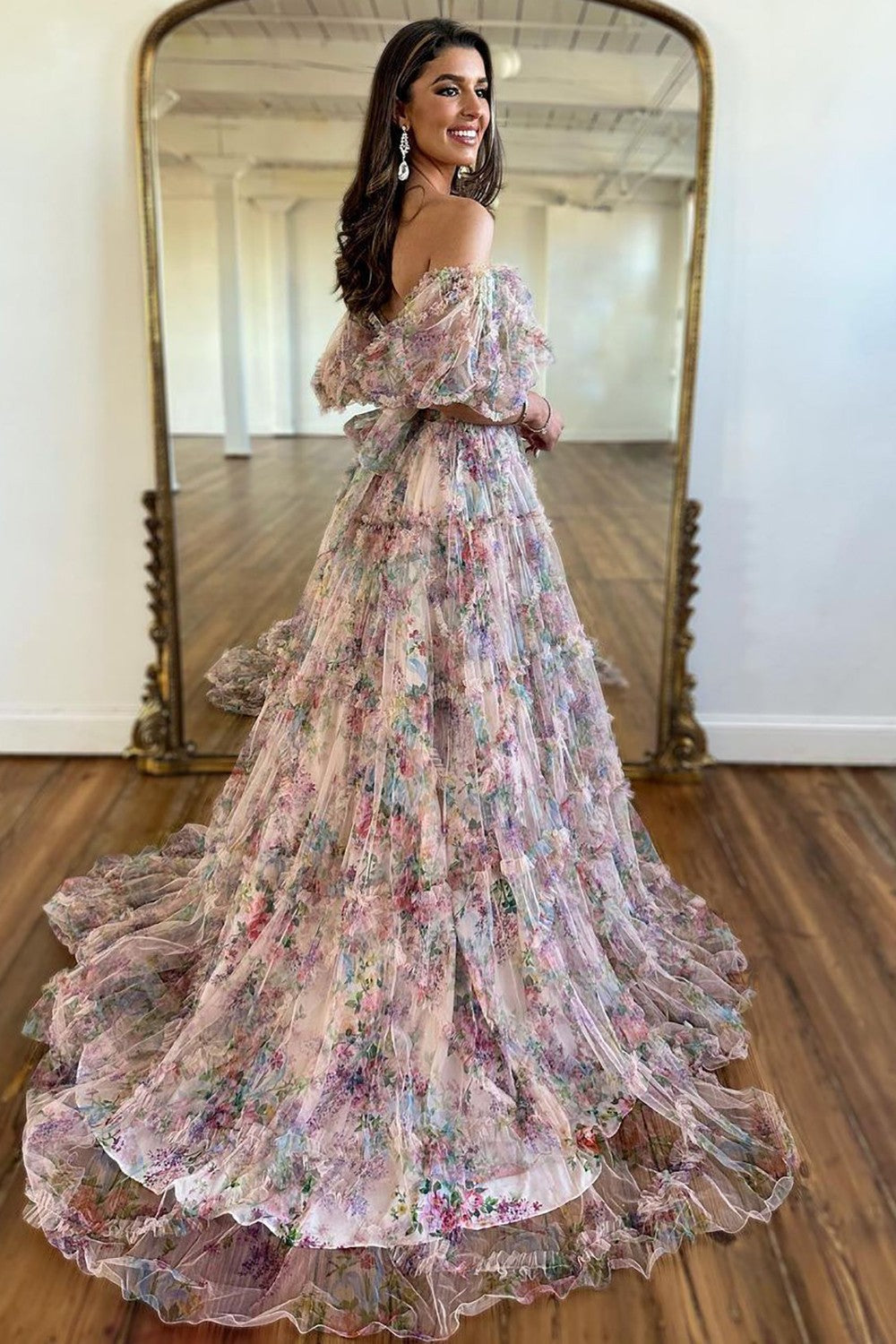 A-Line Off The Shoulder Long Tulle Prom Party Dress With Belt - View 3 | VelvetHem