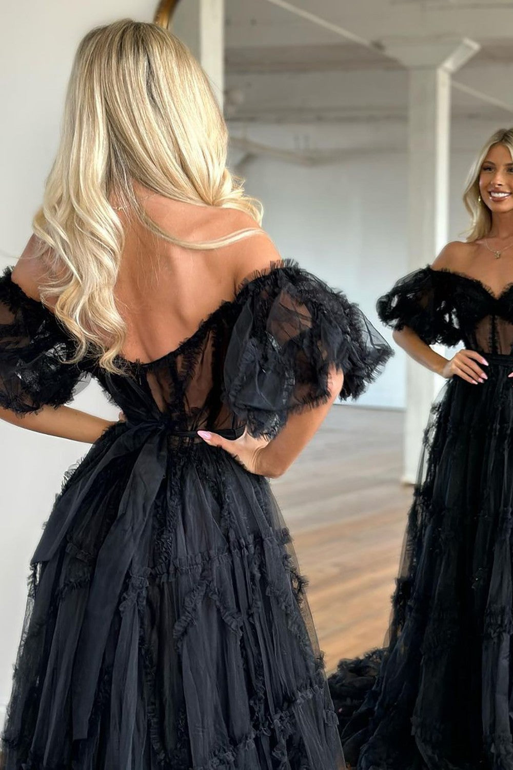 A-Line Off The Shoulder Long Tulle Prom Party Dress With Belt