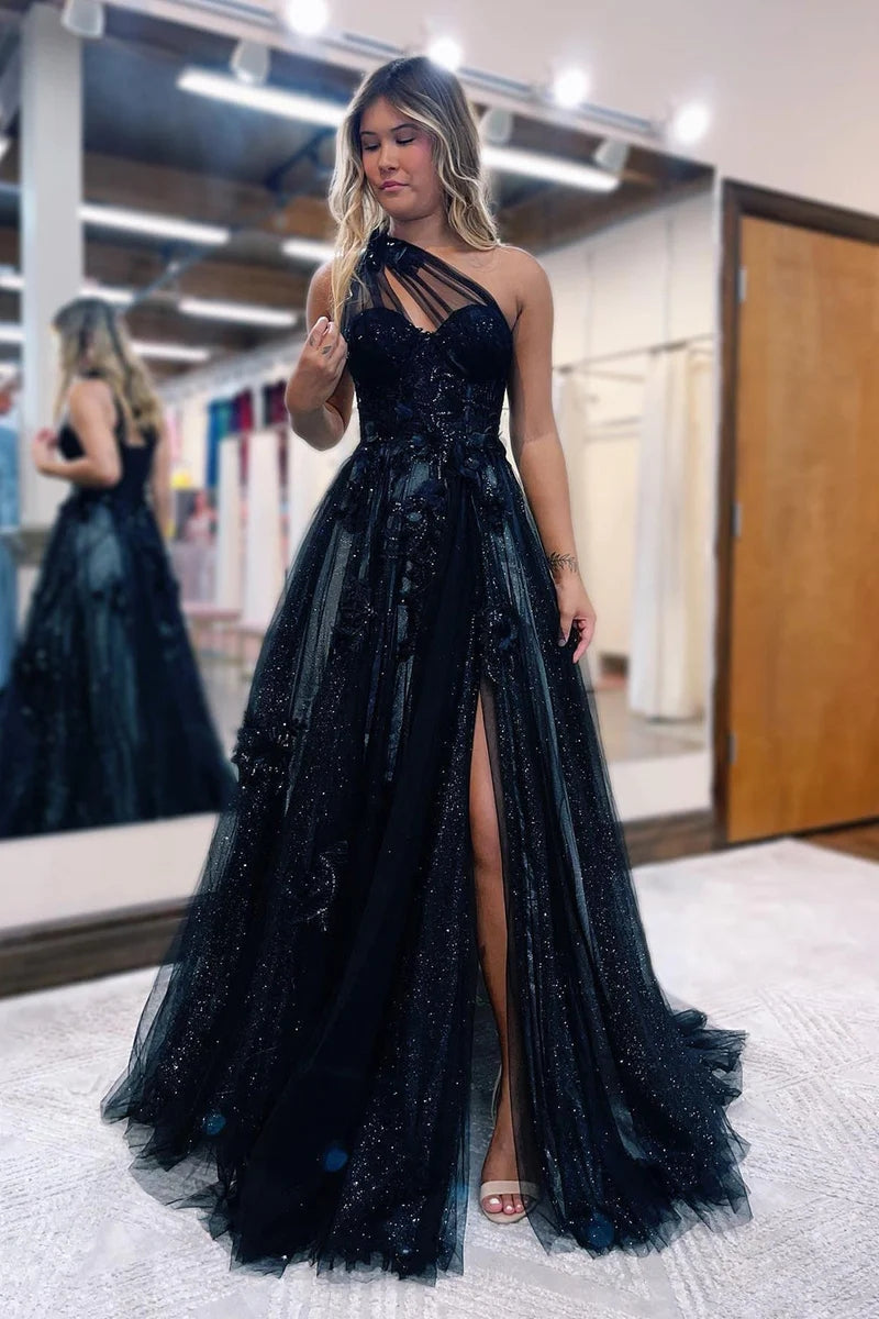 A-Line One Shoulder Black Long Prom Dress With 3D Appliques - VelvetHem