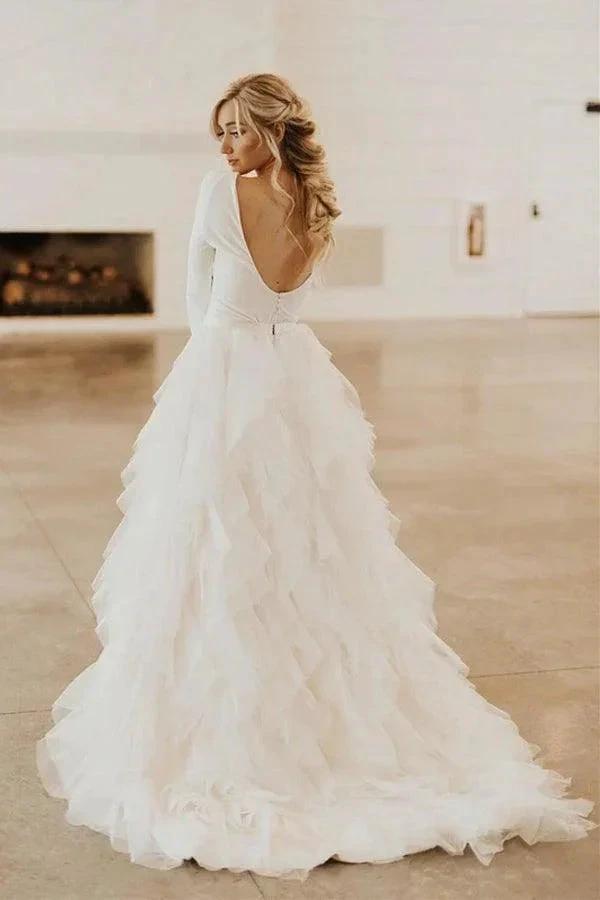 A-Line Round Neck Court Train Tulle Wedding Dress with Long Sleeves (ZD16327)