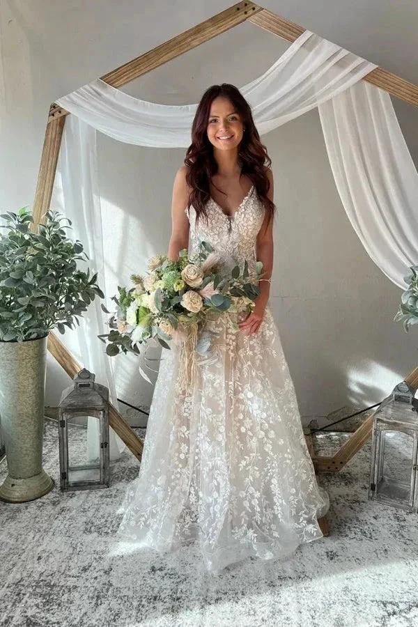 A-Line Spaghetti Straps Key Hole Back Elegant Wedding Dress (ZD16094)