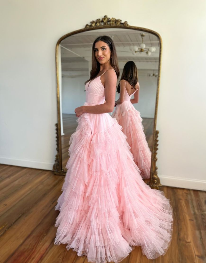 A-Line V-Neck Spaghetti Straps Long Tiered Tulle Prom Dress