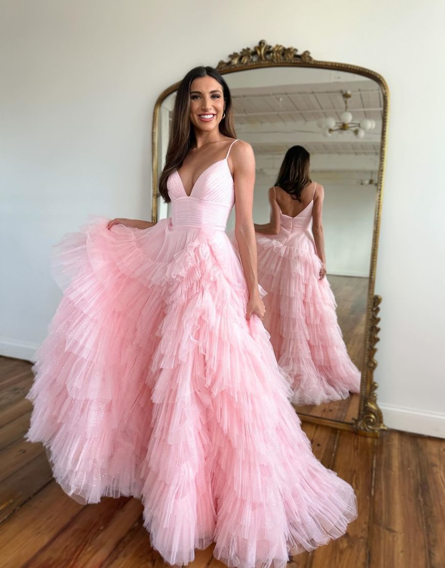 A-Line V-Neck Spaghetti Straps Long Tiered Tulle Prom Dress