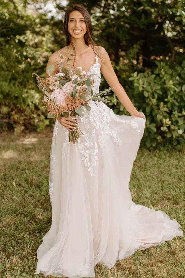A-Line Spaghetti Straps Tulle Rustic Wedding Dress With Appliques (ZD16164)
