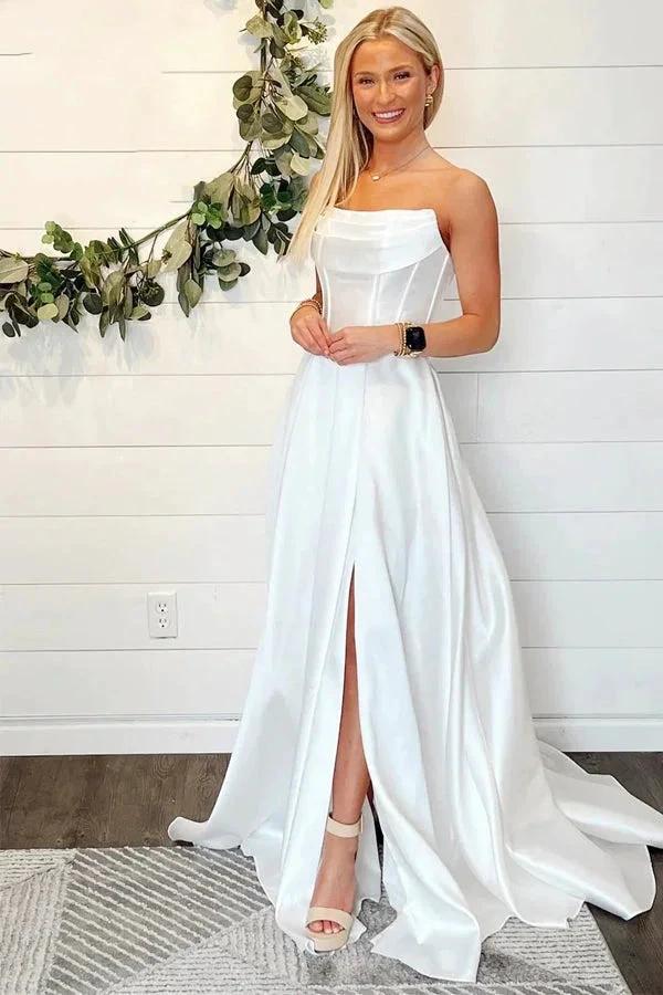 A-Line Strapless White Wedding Dress Simple Wedding Dresses WD717 by pgmdress