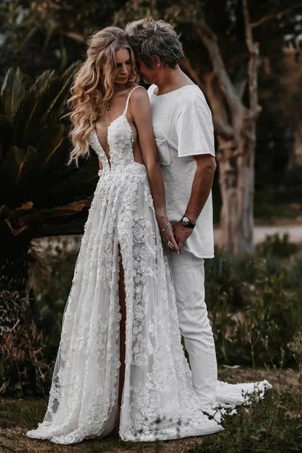 A-Line Straps Lace Beach Wedding Dress Boho Bridal Gown With Split (ZD16387)
