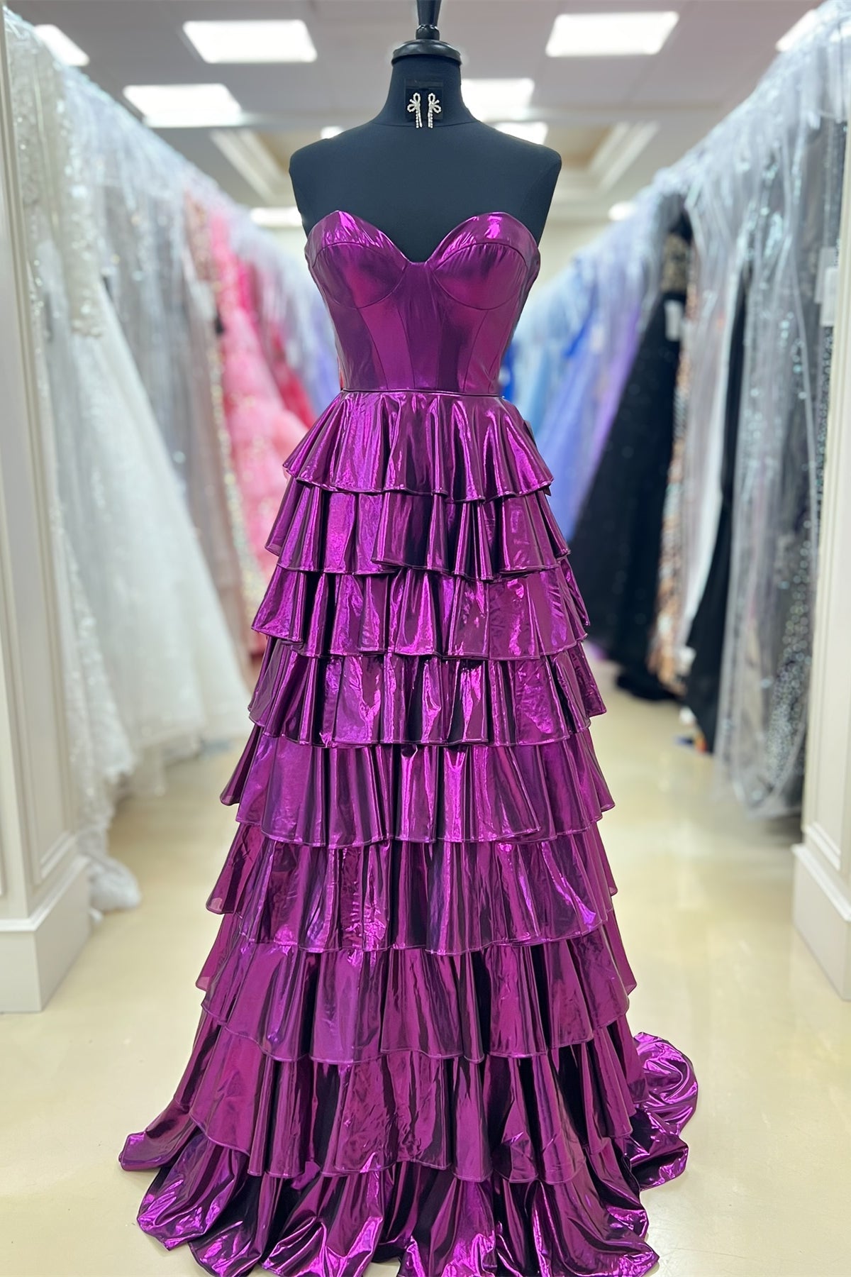 A-Line Sweetheart Sweep Train Tiered Metallic Prom Dress - VelvetHem
