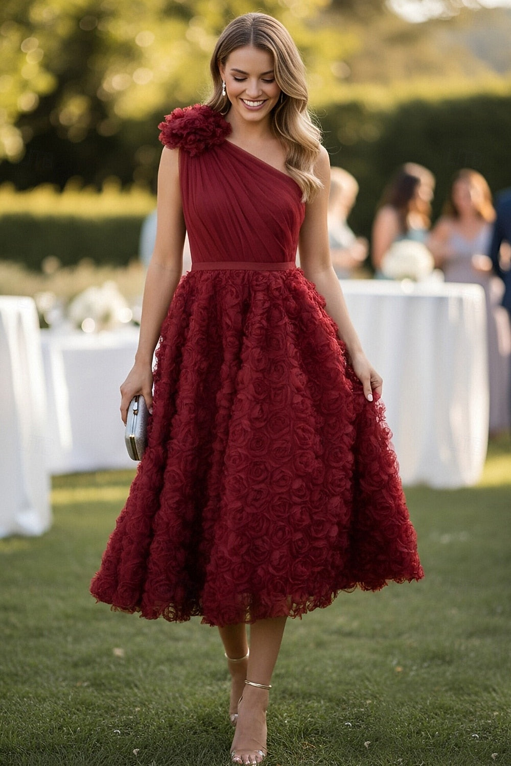 Burgundy One-Shoulder Tea-Length Formal Dress | Elegant A-Line Evening Gown with Belt