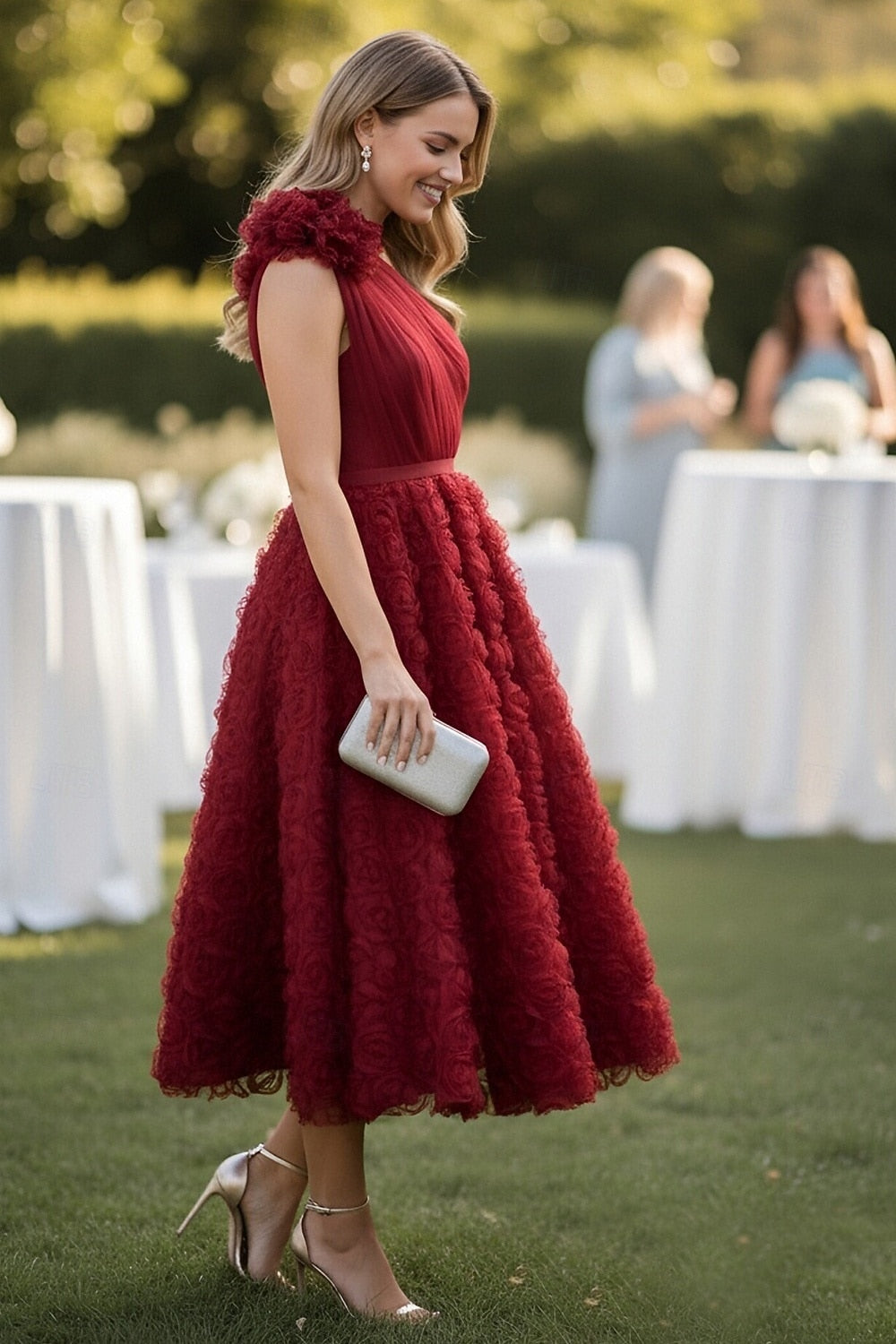 Burgundy One-Shoulder Tea-Length Formal Dress | Elegant A-Line Evening Gown with Belt