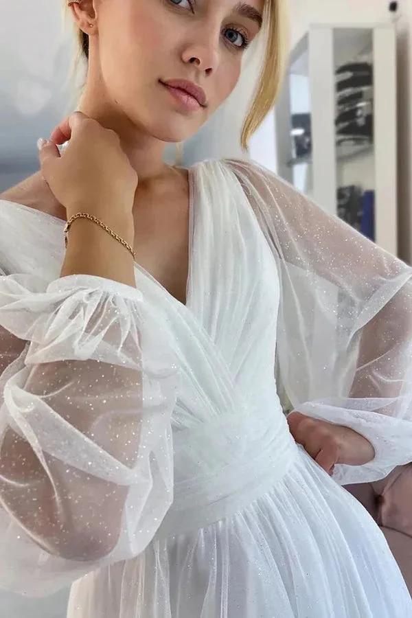 A-Line Sparkly V-Neck Long Sleeves Beach Wedding Dress (ZD16075)