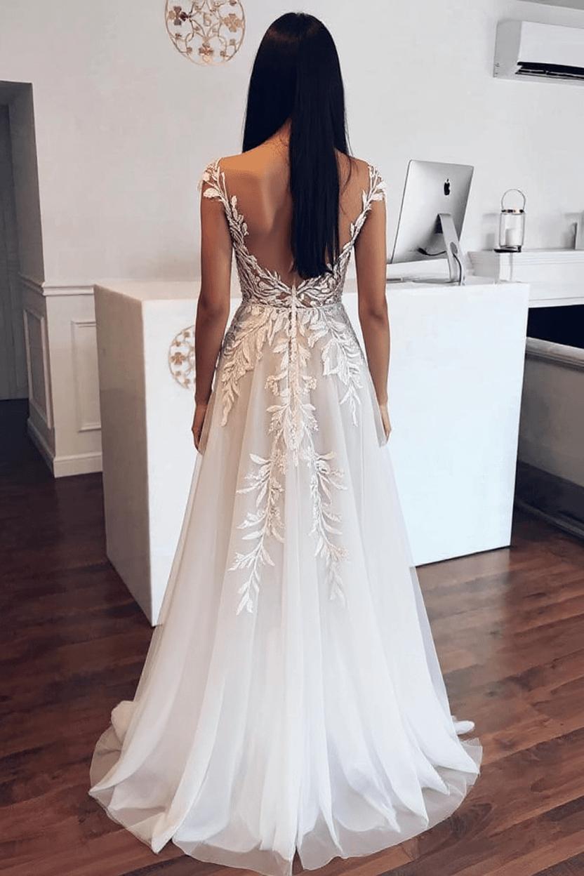 A-line Appliqued Tulle Beach Wedding Dress Sleeveless Pleated Bridal Gowns