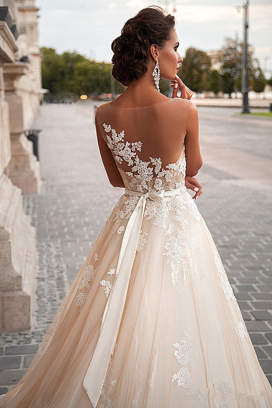 A-line Light Champagne Wedding Dresses Lace Sheer Tulle Stunning Bridal Gowns BA3192