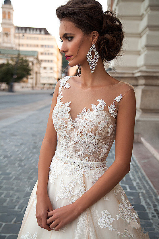A-line Light Champagne Wedding Dresses Lace Sheer Tulle Stunning Bridal Gowns BA3192