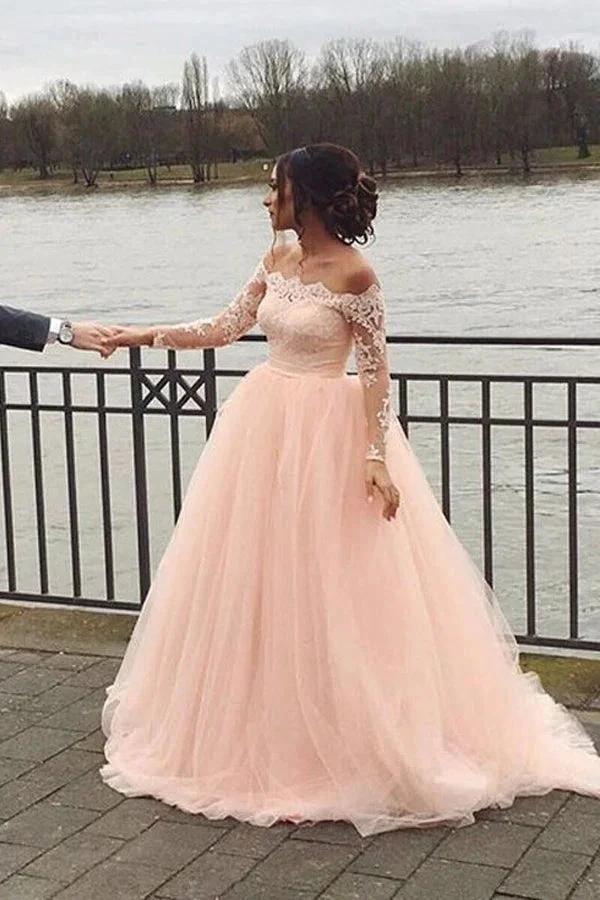 A-line Blush Pink Off Shoulder Long Sleeves Wedding Dress (ZD16136)
