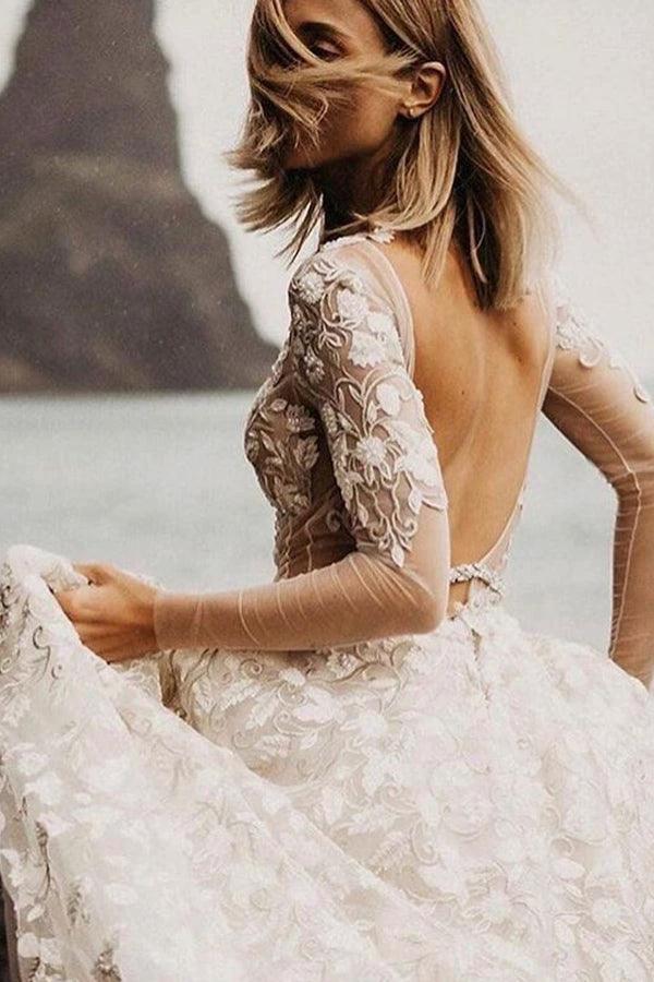 A-line Long Sleeves Wedding Dresses Lace V Neckline Bridal Gowns (ZD16220)