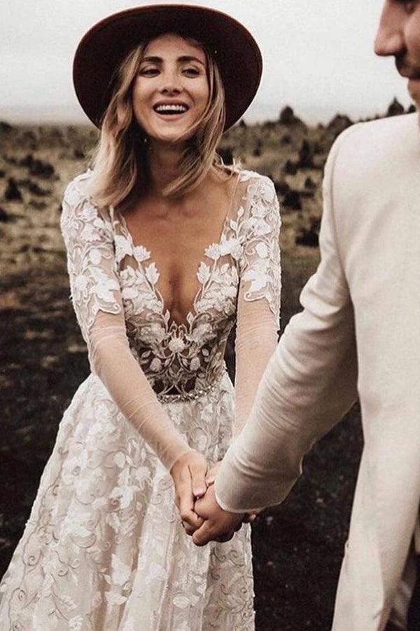 A-line Long Sleeves Wedding Dresses Lace V Neckline Bridal Gowns (ZD16220)
