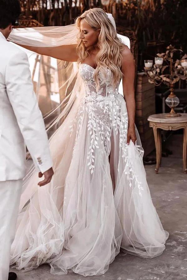 A-line Sweetheart Lace Appliques Boho Long Wedding Dress (ZD16072) - VelvetHem