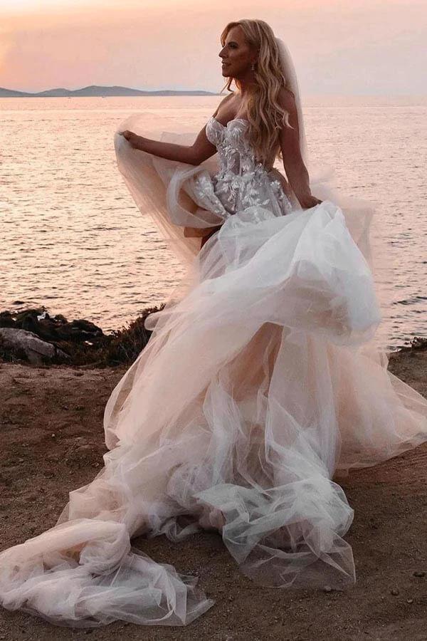 A-line Sweetheart Lace Appliques Boho Long Wedding Dress (ZD16072)