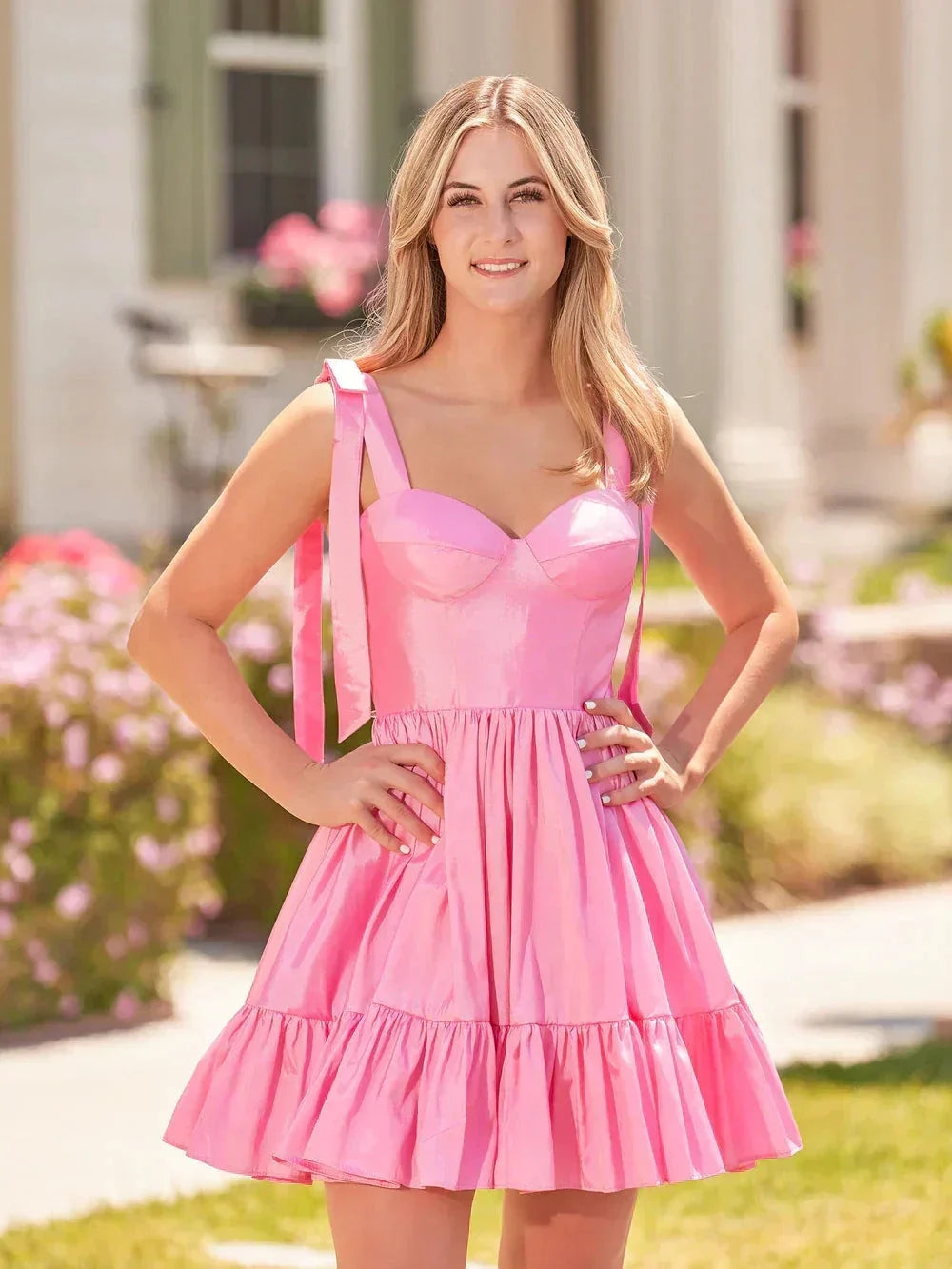 A-line Sweetheart Ruffled Homecoming Dress With Bow Straps (ZD11719)