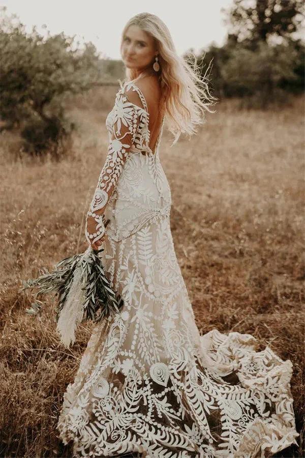 Sheath Unique Lace Long Sleeves Bohemian Wedding Dress (ZD16073)