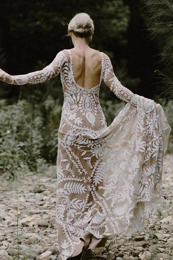 Sheath Unique Lace Long Sleeves Bohemian Wedding Dress (ZD16073)