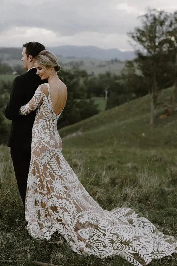 Sheath Unique Lace Long Sleeves Bohemian Wedding Dress WD752 by pgmdress