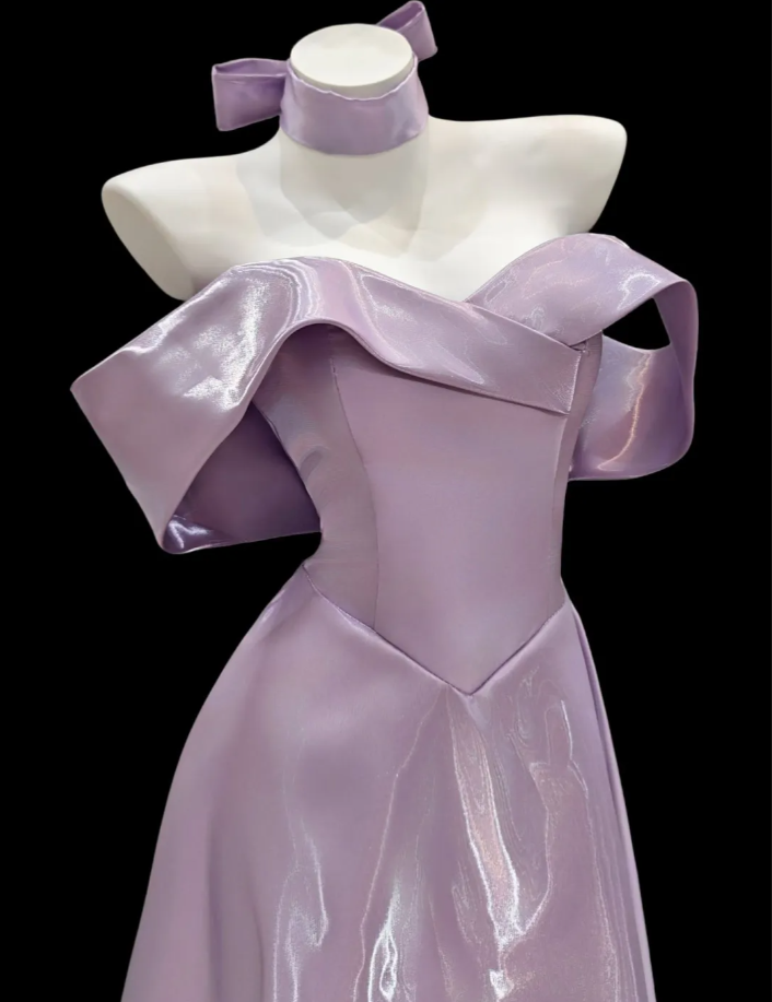 Fairy Off The Shoulder Purple Satin A Line Long Party Dress 18th Birthday Outfits - View 2 | VelvetHem