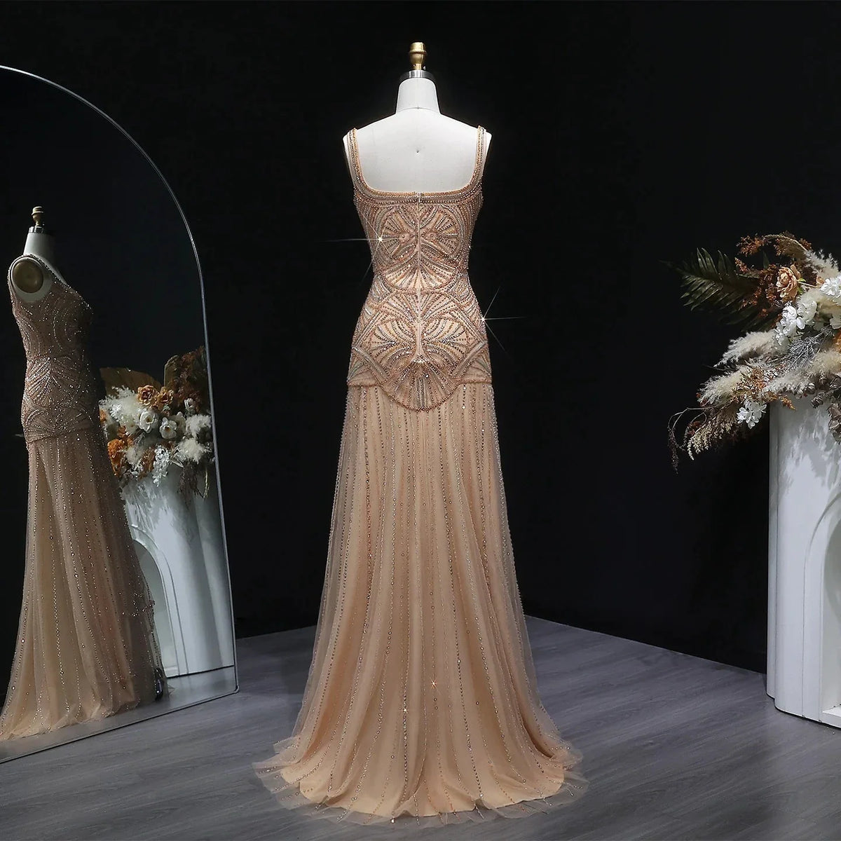 Champagne Beaded Mermaid Evening Dress Luxury Saudi Wedding Gown Customized (ZD17070)