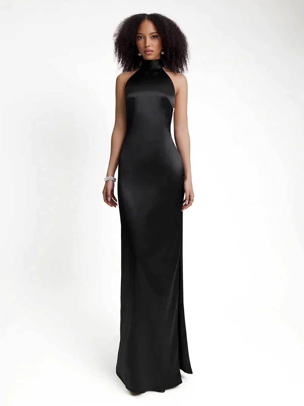 High Neck Satin Bareback Sleeveless Long Dress