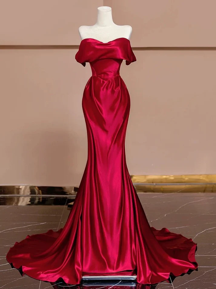 Classy Off The Shoulder Red Mermaid Long Prom Dress Formal Evening Dress - VelvetHem
