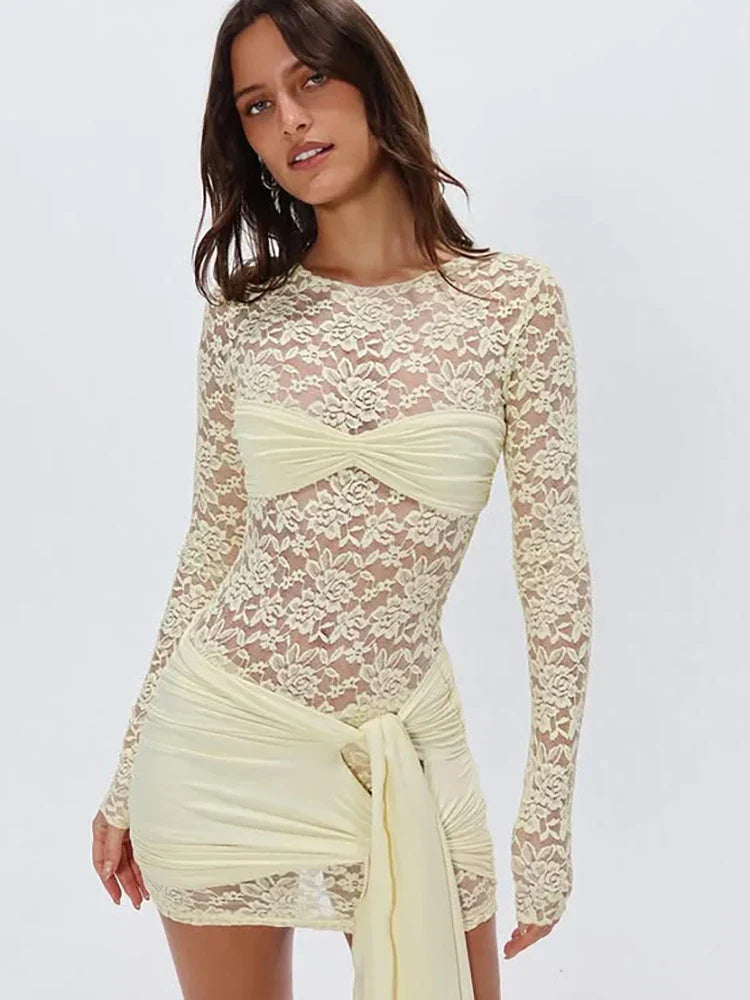 Bandage Round Neck Skinny Long Lace Dress - VelvetHem