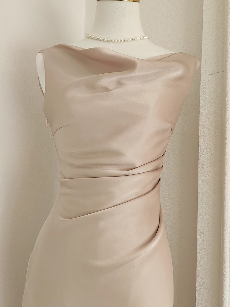 Sexy Sheath Boat Sleeveless Champagne Satin Party Dress Holiday Dresses - View 3 | VelvetHem
