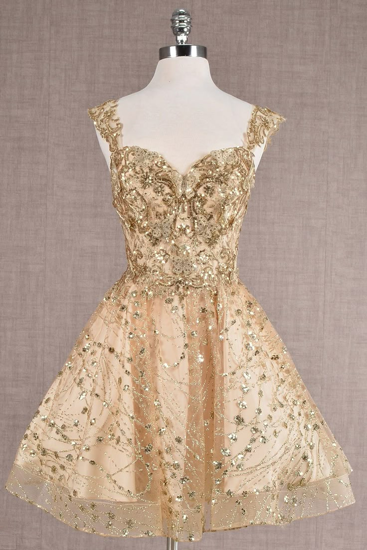 Pretty Gold Lace Butterfly Appliques Short Homecoming Dress Formal 20th Birthday Party Dress