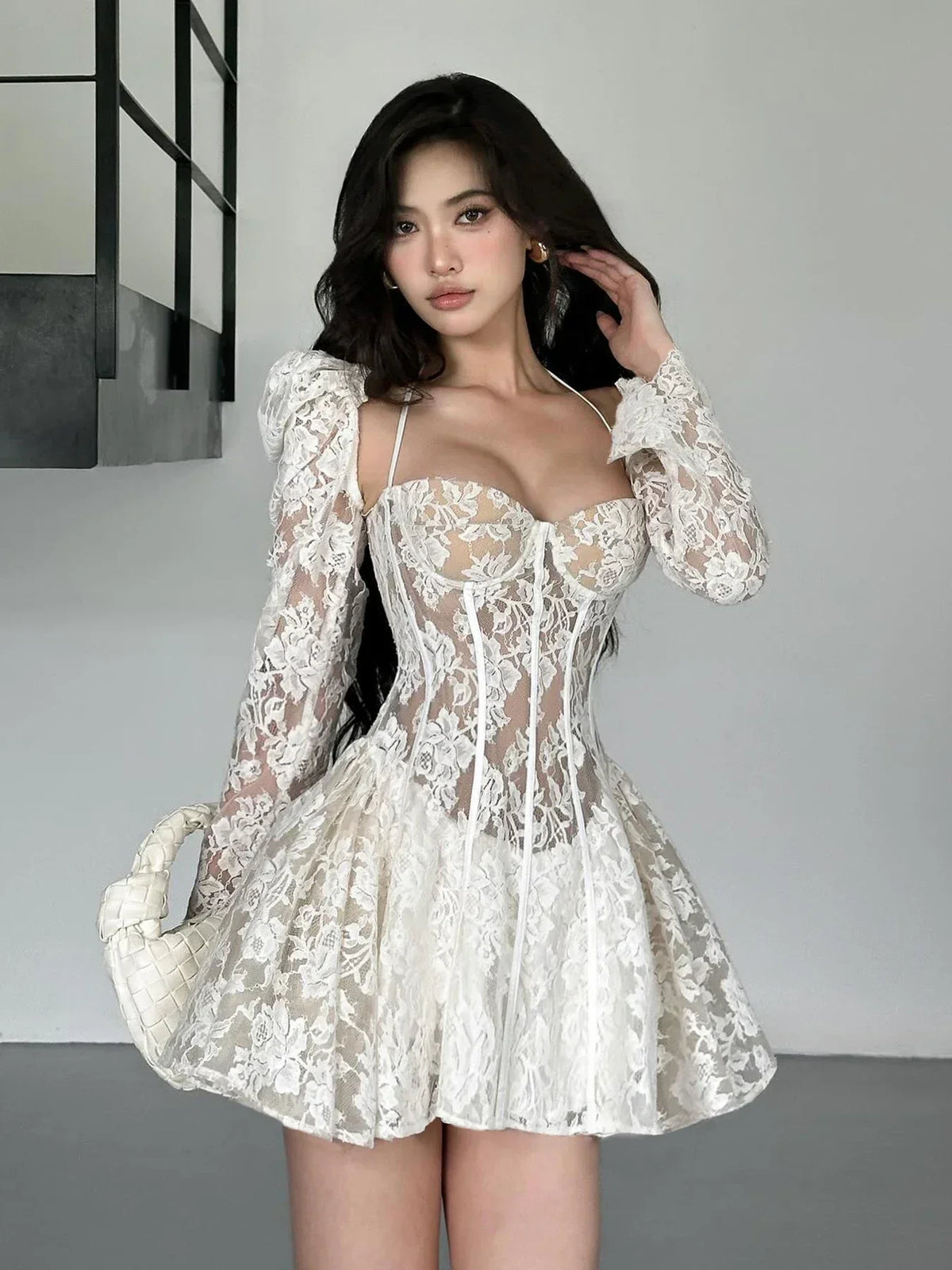 A-Line Backless Puff Sleeve Mini Lace Dress - VelvetHem