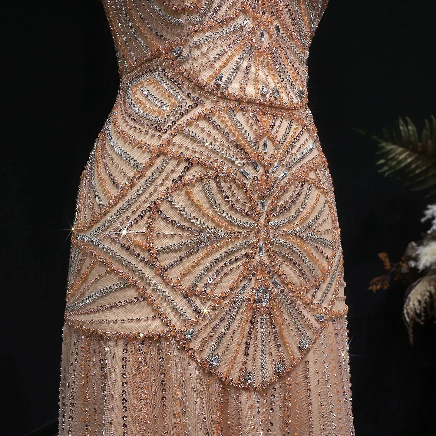Champagne Beaded Mermaid Evening Dress Luxury Saudi Wedding Gown Customized (ZD17070)